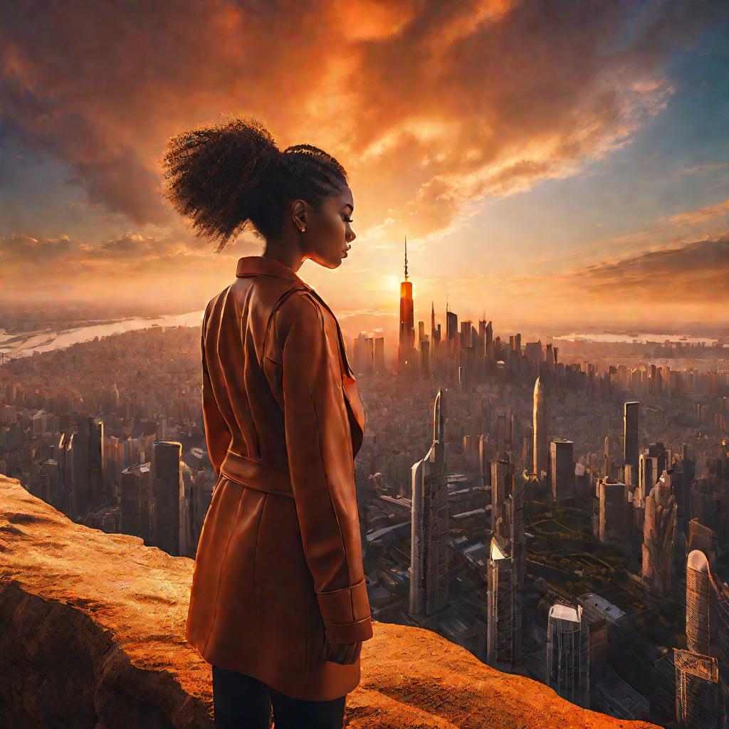 Девушка смотрит на футуристический город на закате.