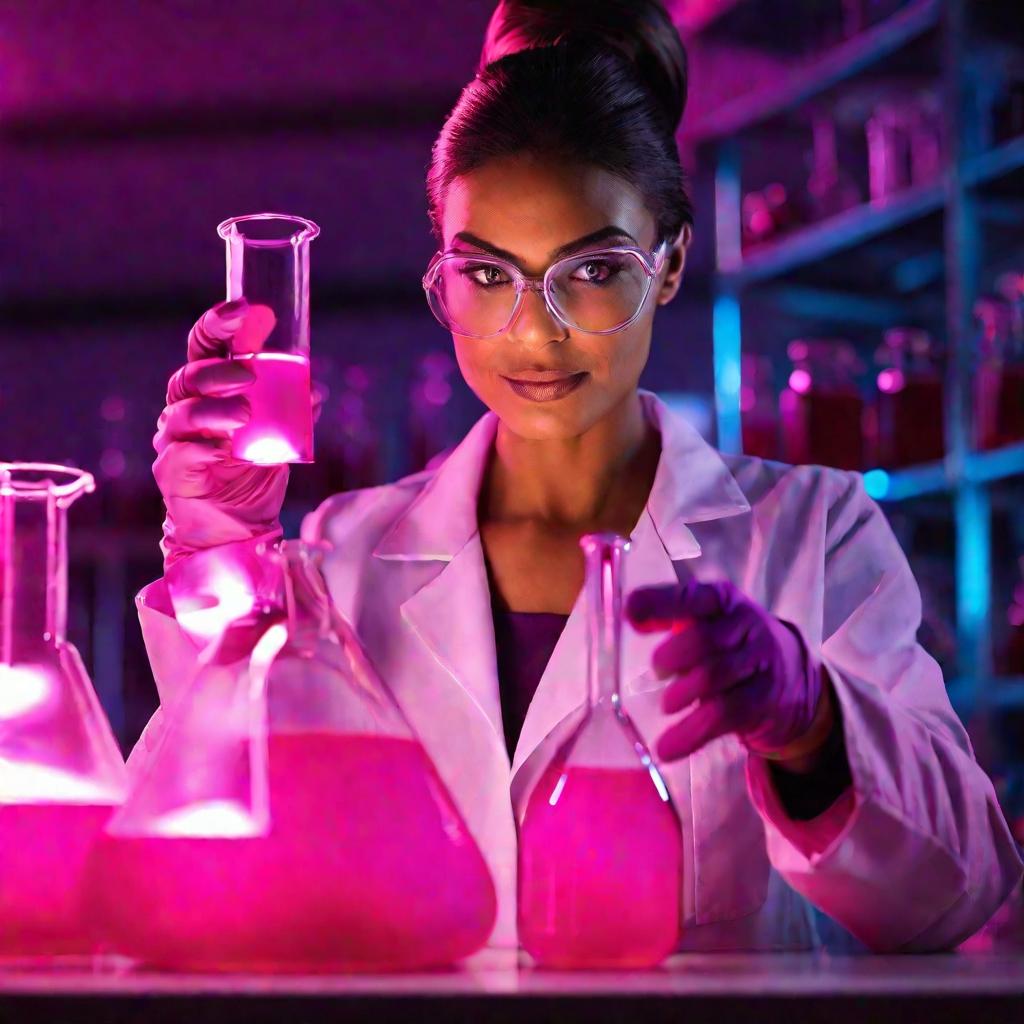 Химик держит колбу с розовой жидкостью