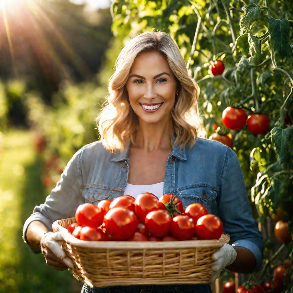 Женщина с корзиной спелых помидоров на фоне грядки