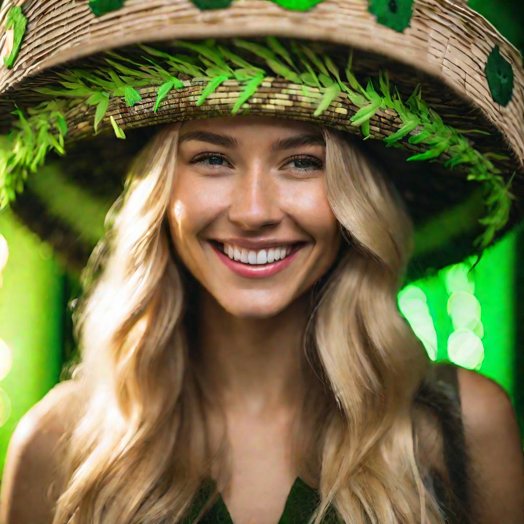 Девушка в берестяной шляпе с зеленым сиянием.