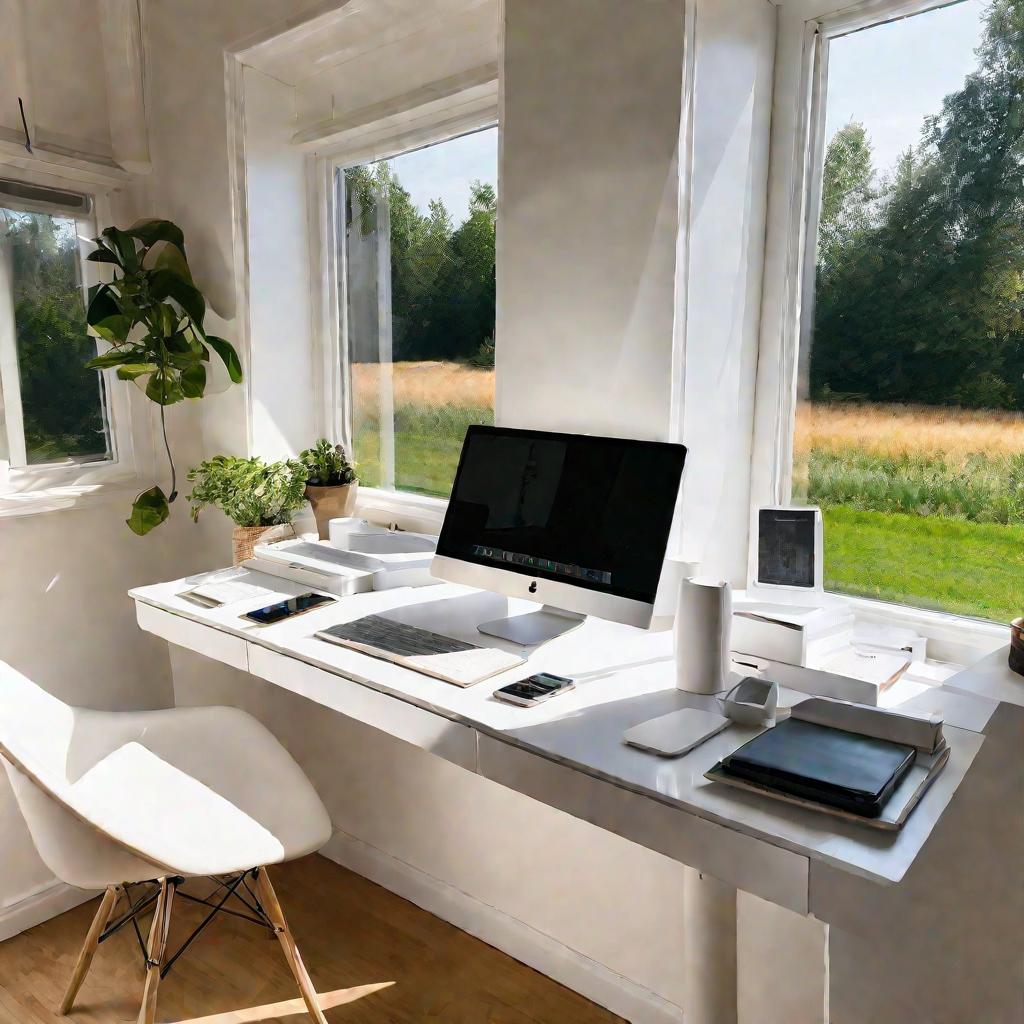 Светлый домашний офис с ноутбуком и документами для сканирования