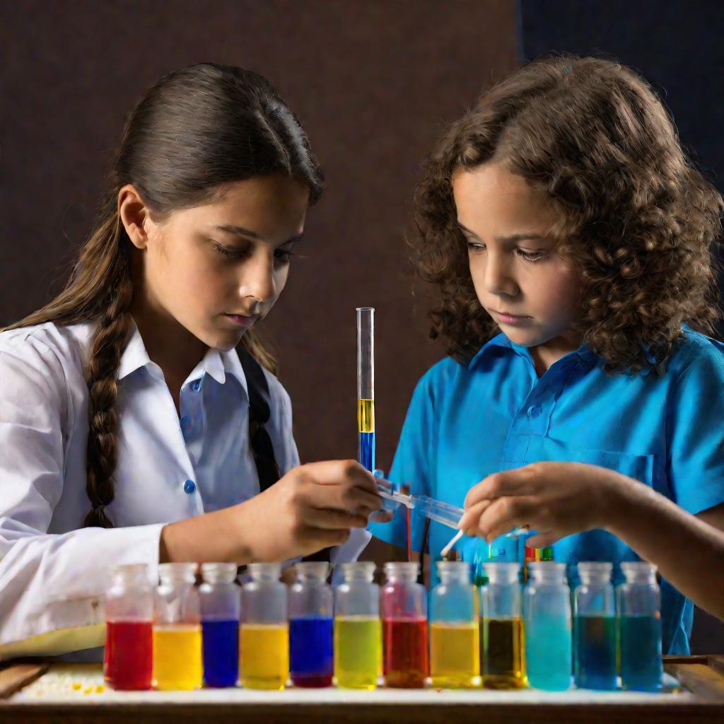 Учительница помогает девочке с экспериментом