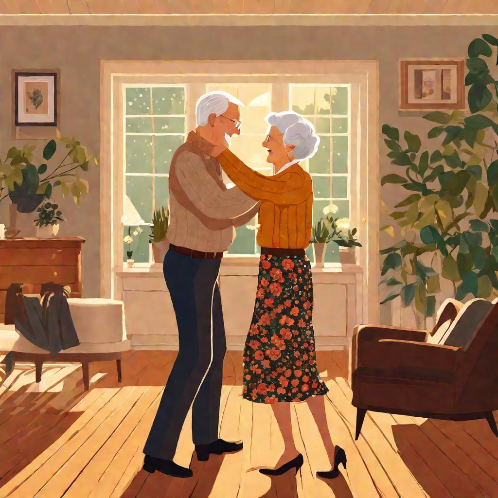 Пожилая счастливая пара танцует дома вечером