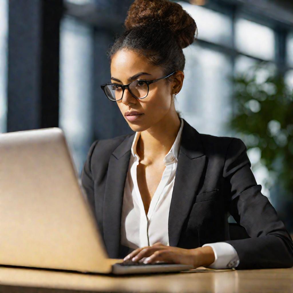 Крупным планом молодая женщина в деловом костюме работает за ноутбуком на рабочем столе в современном офисе