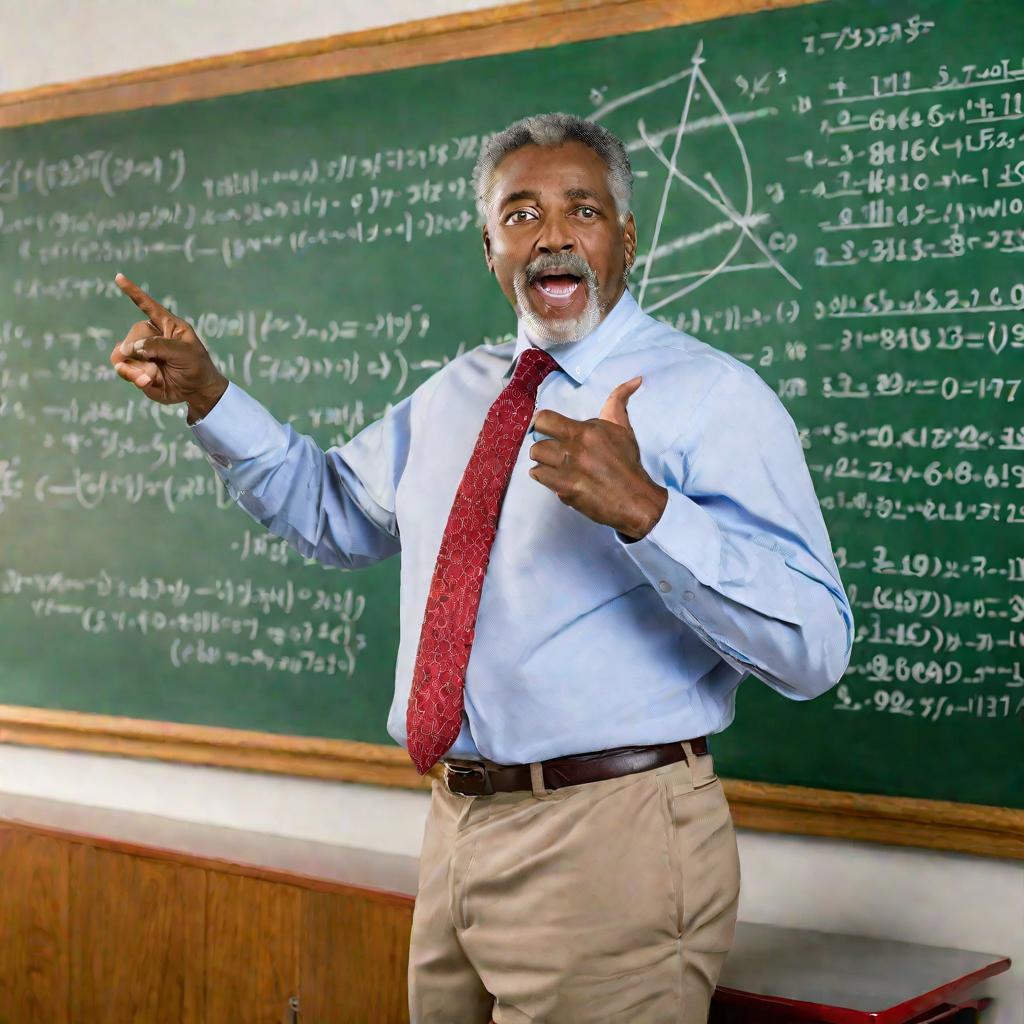 Портрет мужчины преподавателя математики перед классом у доски