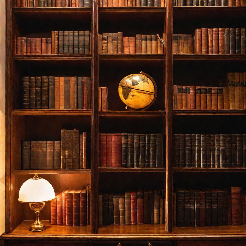 Книжная полка с книгами о синтаксисе в тускло освещенном кабинете