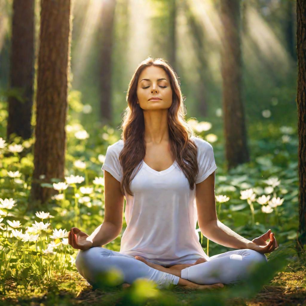 Женщина медитирует в лесу