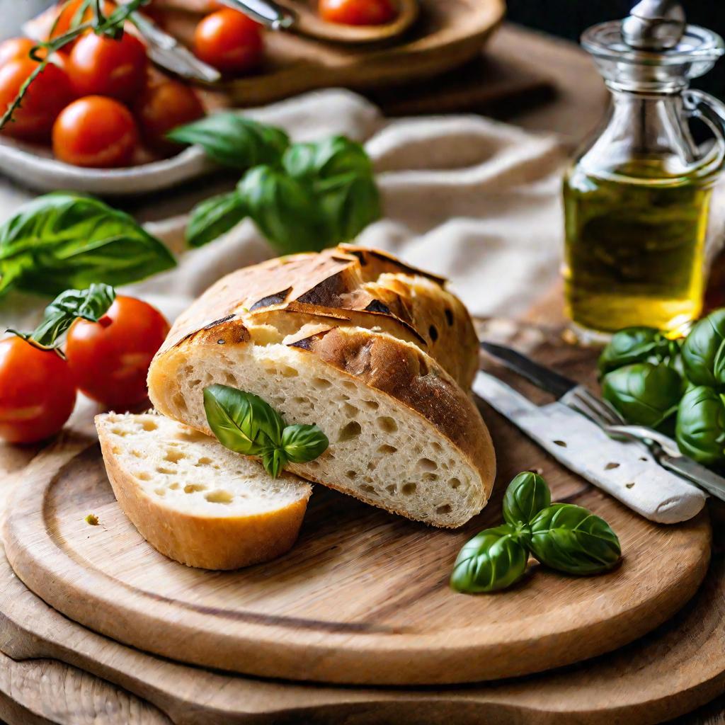 Нарезаннная чиабатта на доске с помидорами, базиликом и оливковым маслом на летней террасе кафе