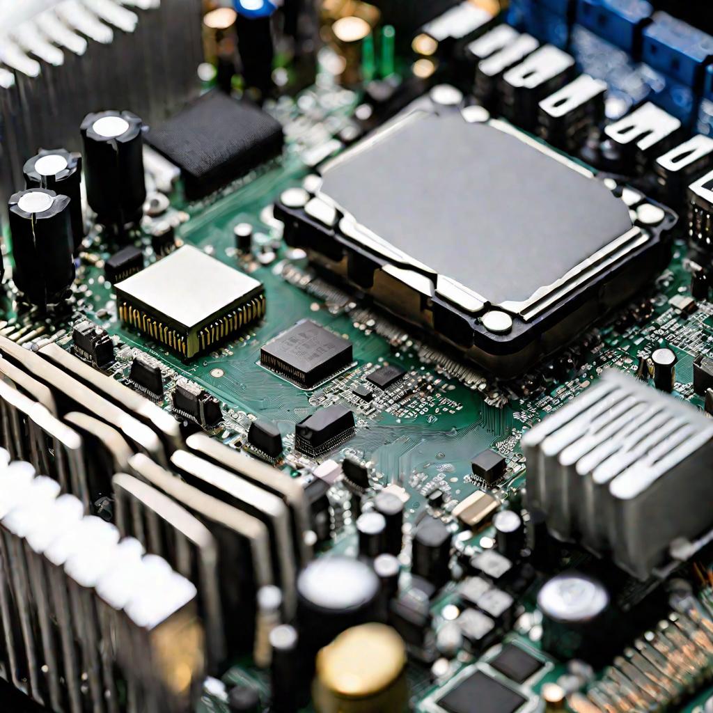 Крупным планом материнская плата современного персонального компьютера, заполненная замысловатыми электронными компонентами и железом, такими как память, конденсаторы, разъемы PCIe, чипсет процессора и провода. Материнская плата освещена мягким рассеянным