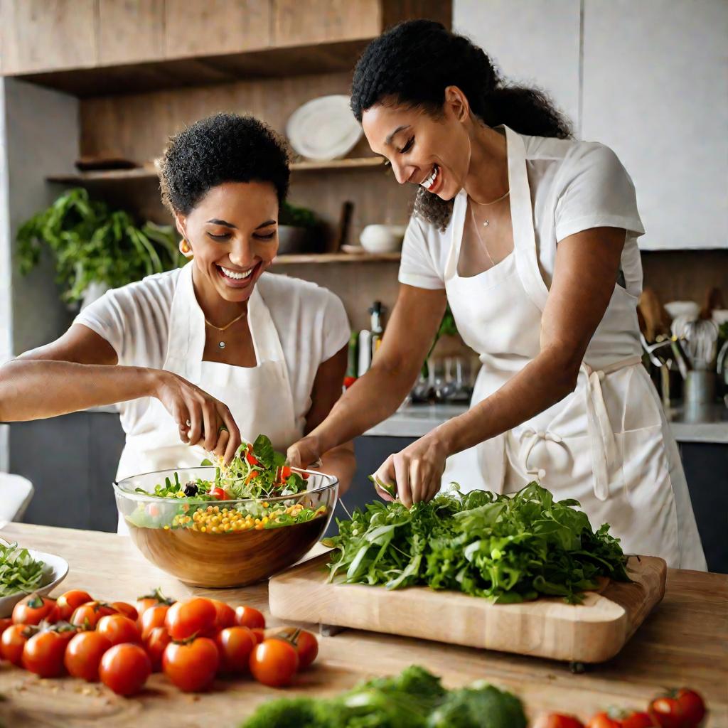 Женщины готовят салат с кунжутным маслом