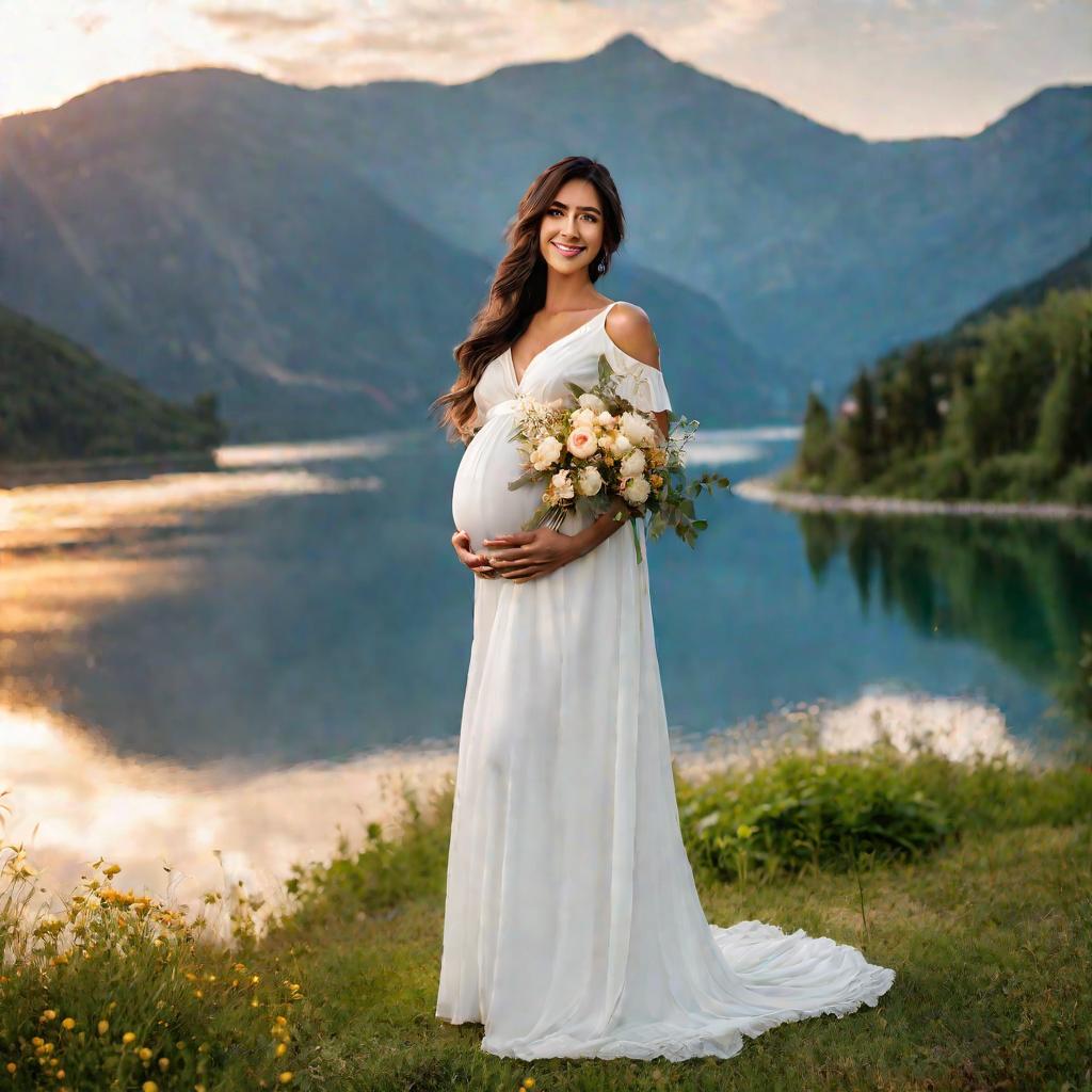 Беременная невеста в белом платье на фоне гор и озера