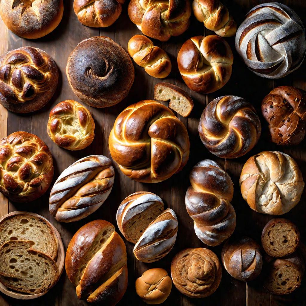 Вид сверху на разные сорта хлеба.