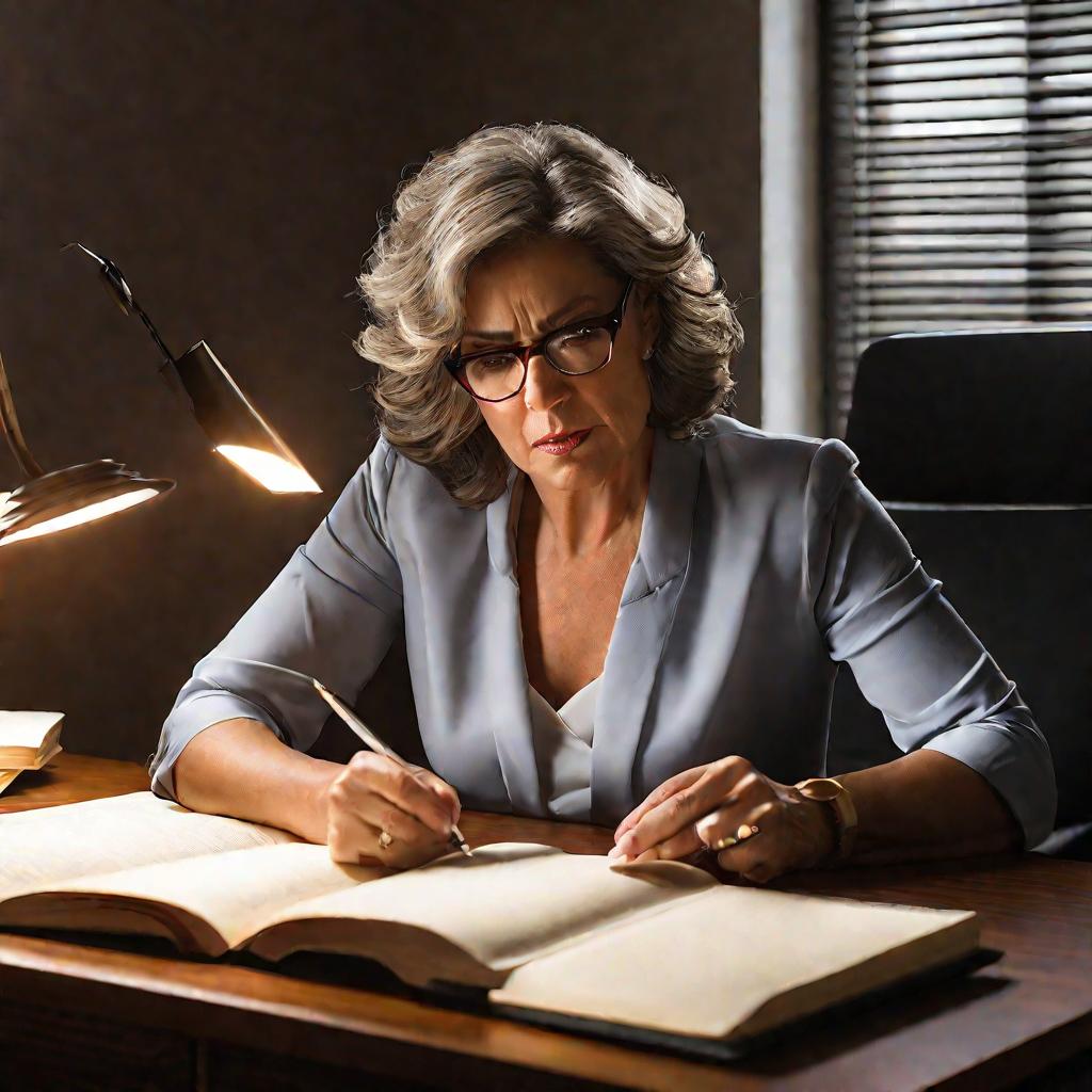 Женщина в очках сидит за столом и читает записную книжку, пытаясь что-то вспомнить
