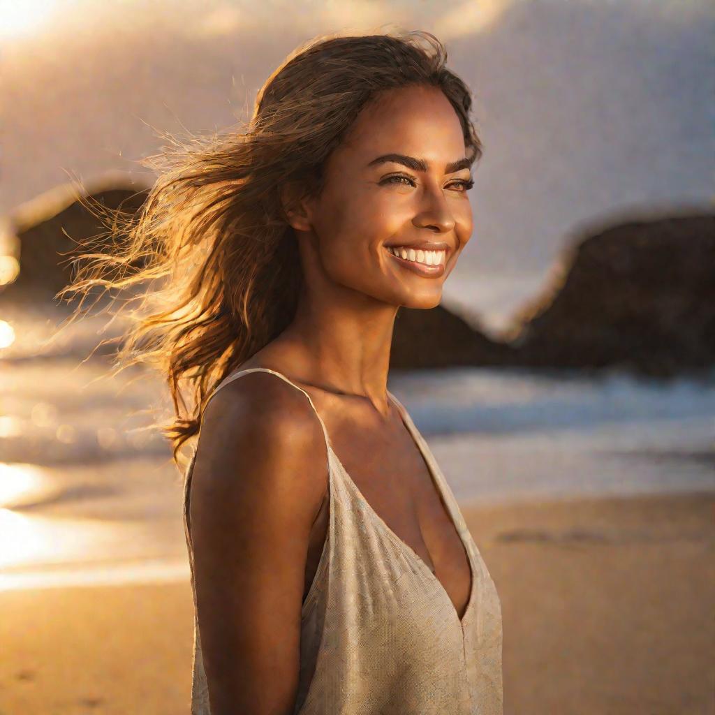 Портрет женщины, идущей по пляжу с грацией на закате