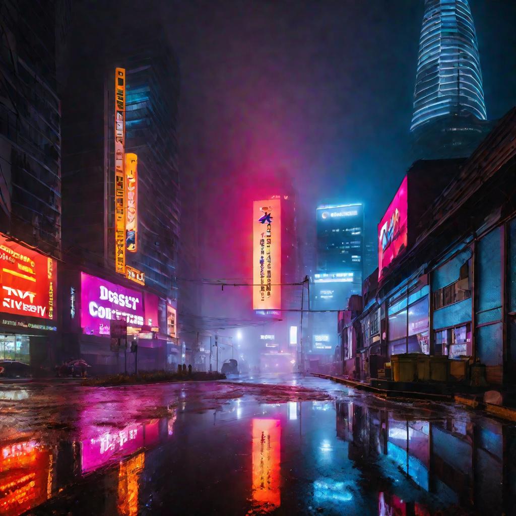 Яркая подсвеченная ночная панорама небоскребов с рекламой