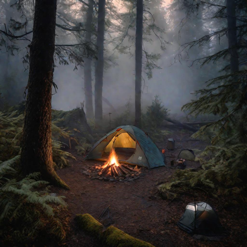 Палатка туриста на лесной поляне в тумане