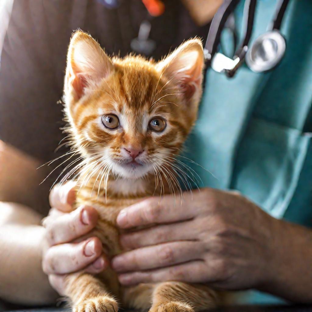 Ветеринар делает прививку рыжему котенку