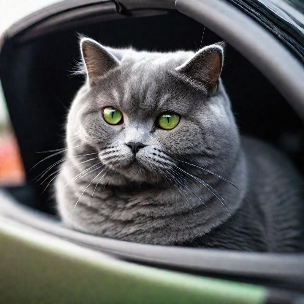 Серый пушистый кот в переноске в машине