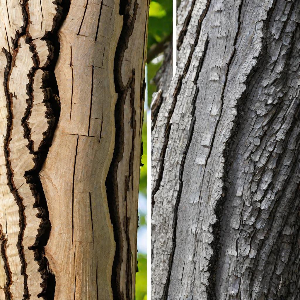Разделенный вид, демонстрирующий текстуру коры ясеня обыкновенного. На левой половине изображения фрагмент гладкой светло-серой молодой коры. На правой - потрескавшаяся темно-серая зрелая кора ясеня с глубокими бороздами и трещинами.