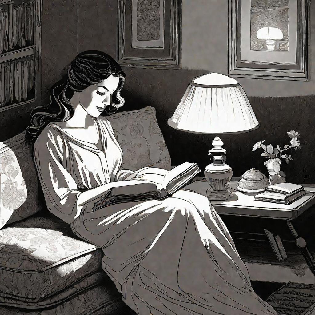 Девушка читает книгу ночью при свете лампы