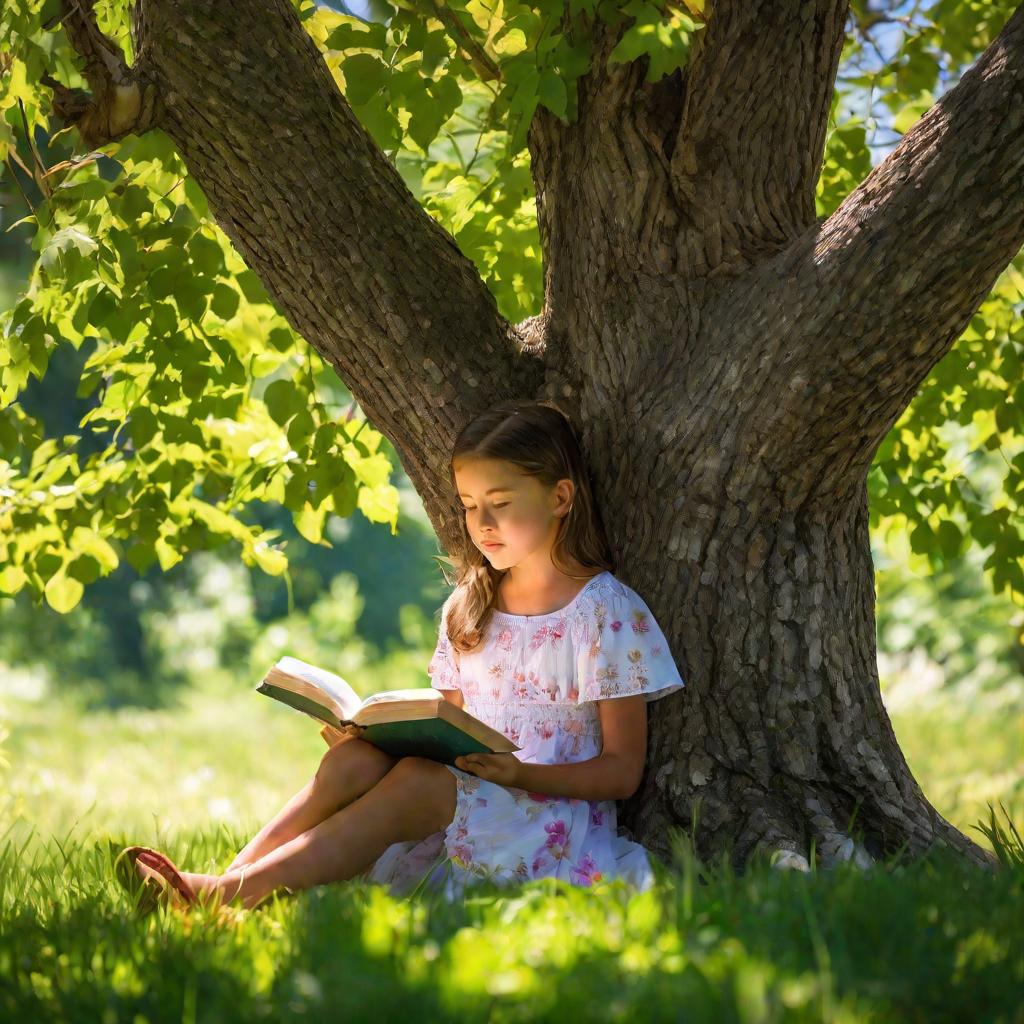 Девочка читает книгу под деревом летом