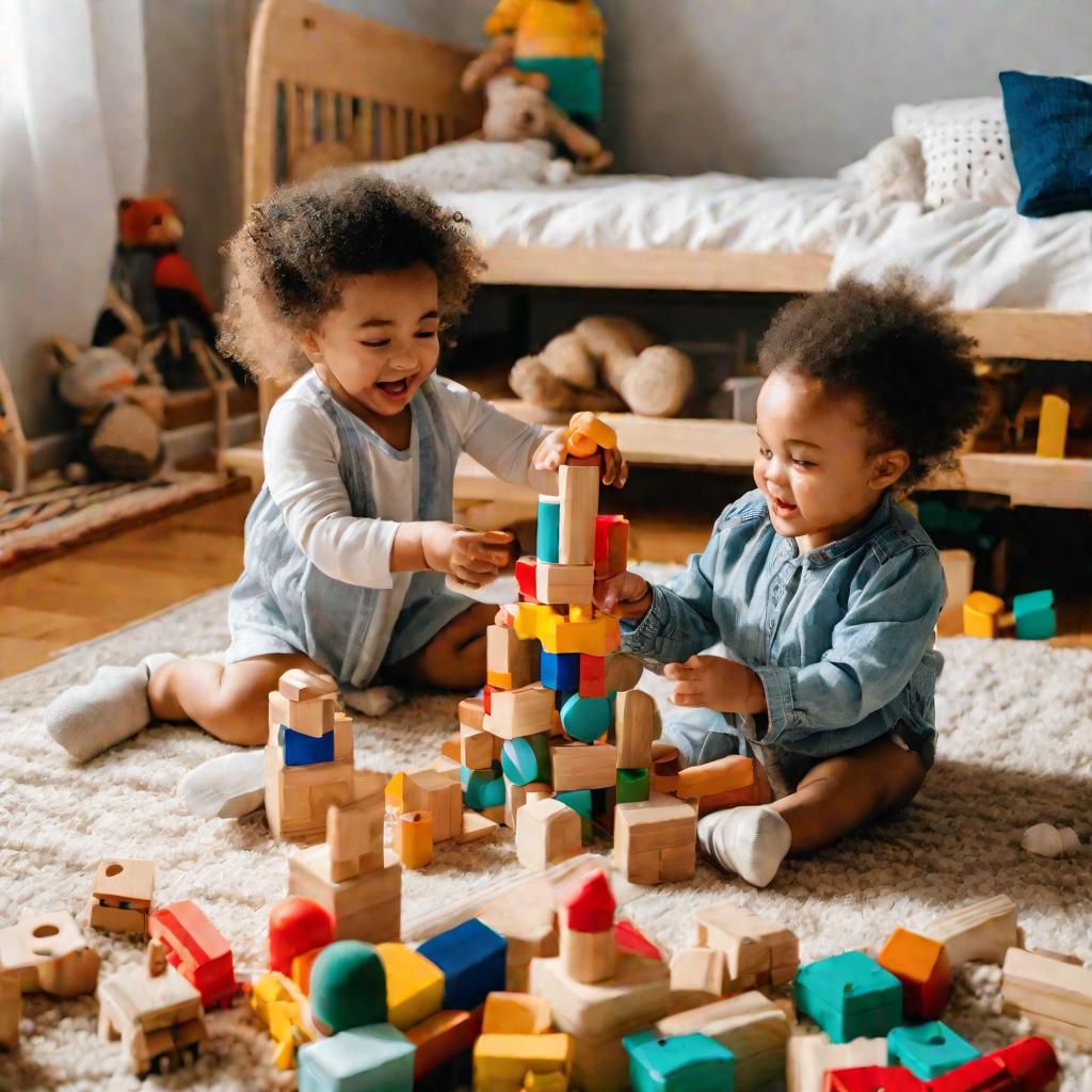 Дети играют с развивающими игрушками на полу детской комнаты.