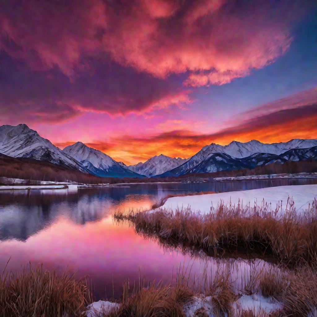 Величественный закат над горами и озером