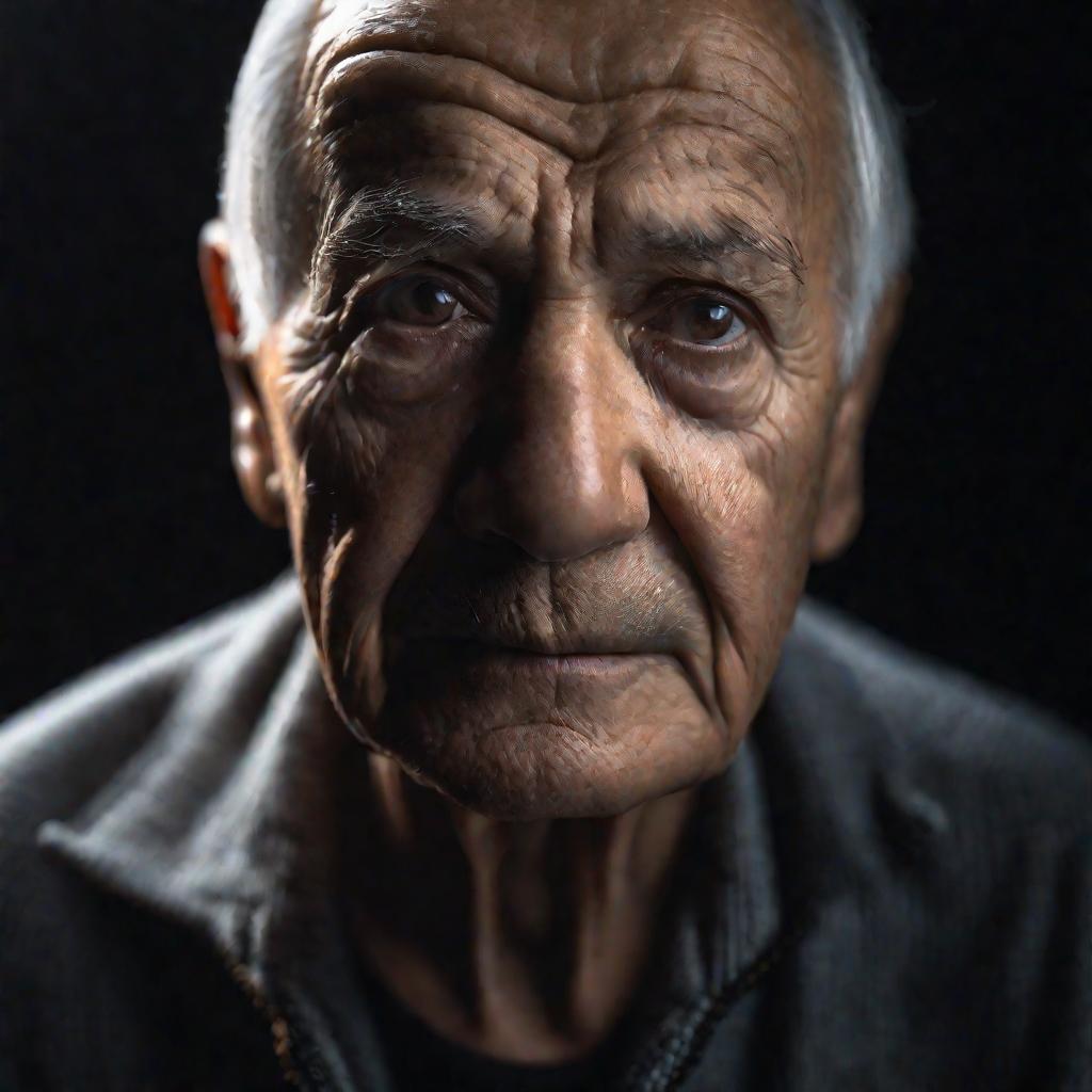 Крупный портрет пожилого мужчины с асимметрией лица, параличом с одной стороны, имитирующим последствия инсульта
