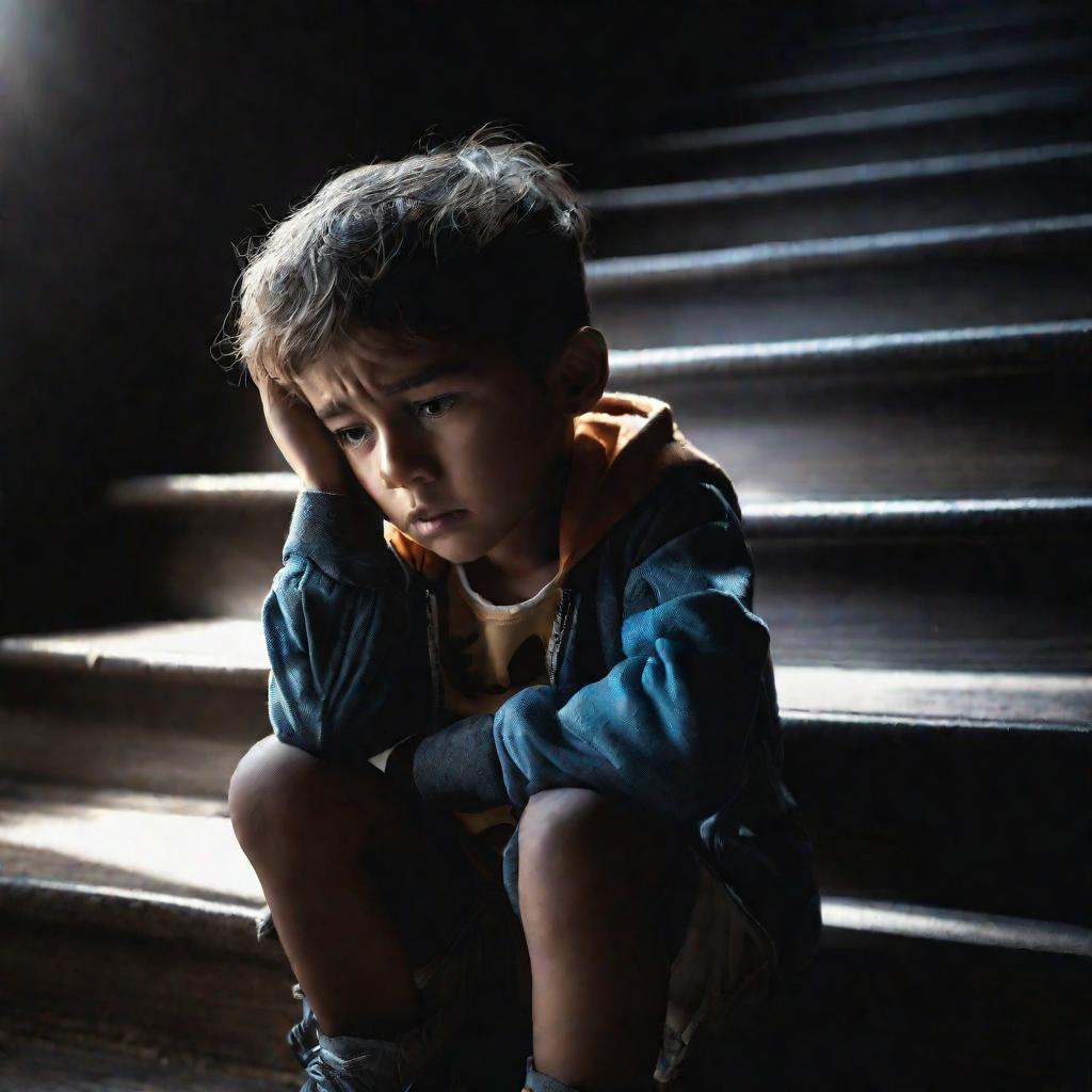 Одинокий грустный ребенок на лестнице