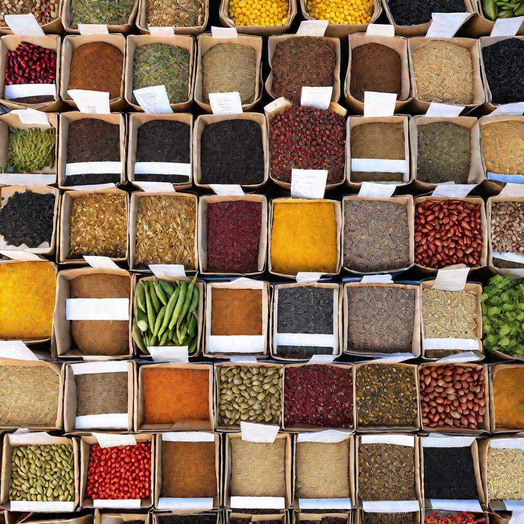 Семена в разноцветных пакетиках на ярко освещенном рынке