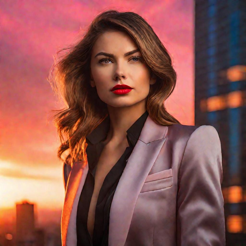 Портрет уверенной деловой женщины на фоне заката