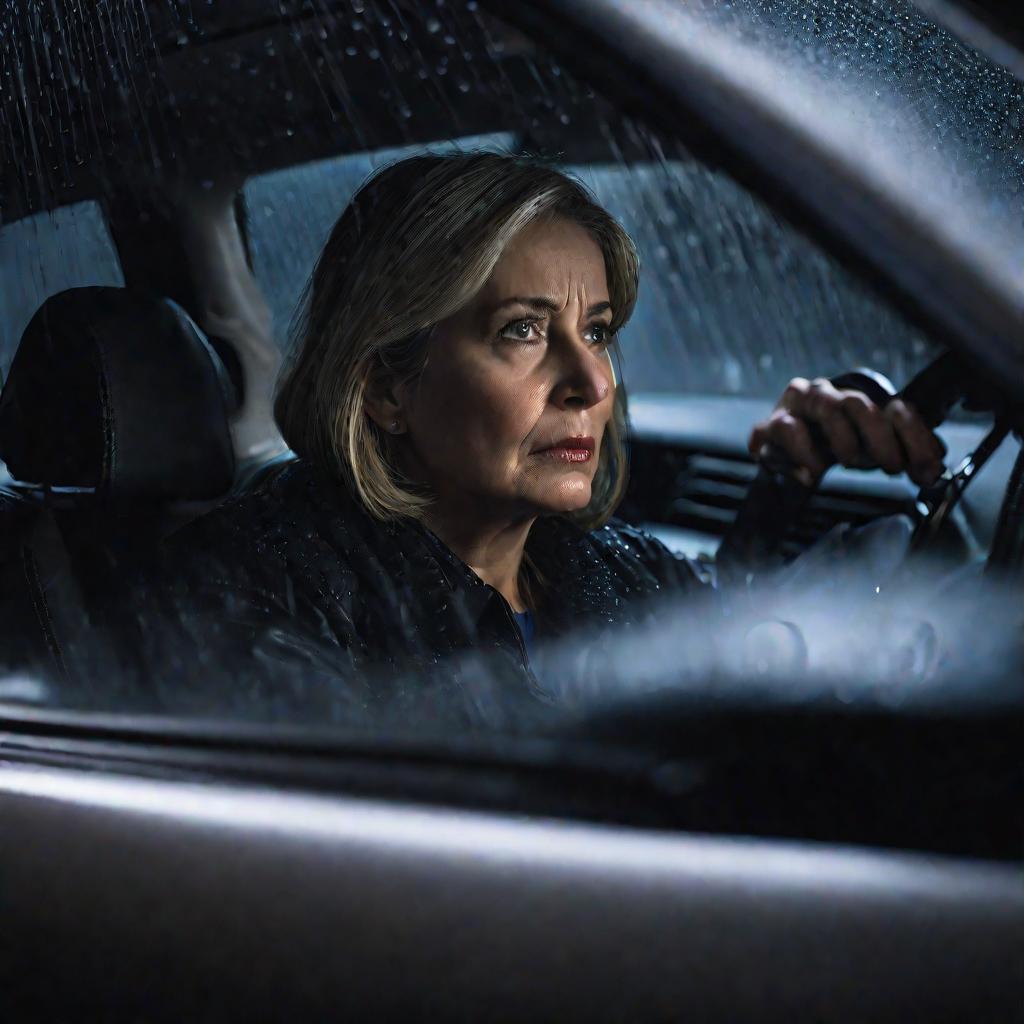 Женщина сидит в машине в темноте