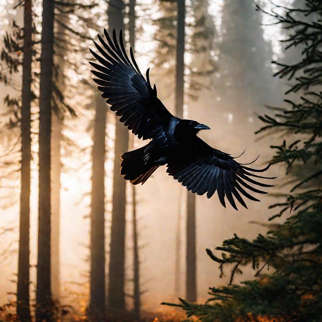 Ворон летит над туманным лесом