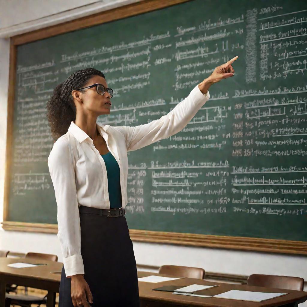 Женщина-преподаватель что-то объясняет студентам у доски