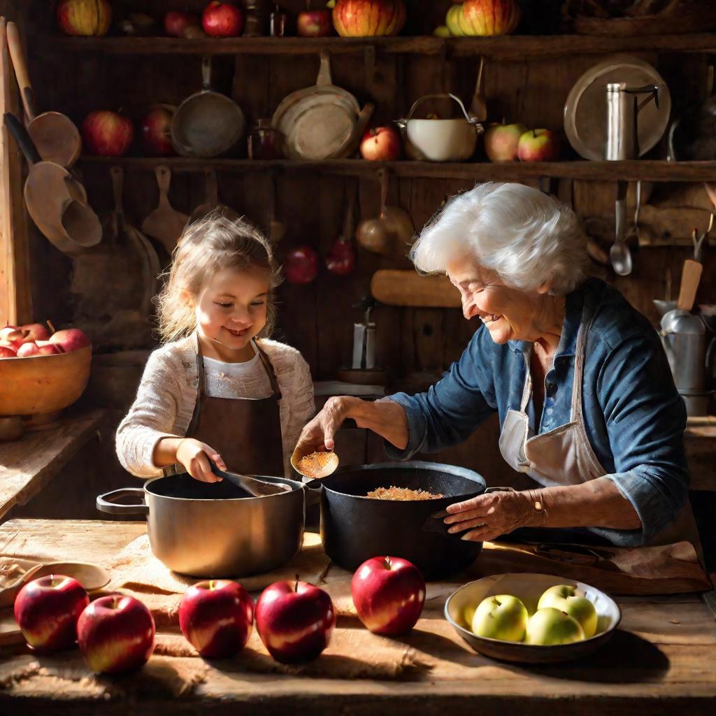 Бабушка учит внучку готовить пастилу из яблок на кухне