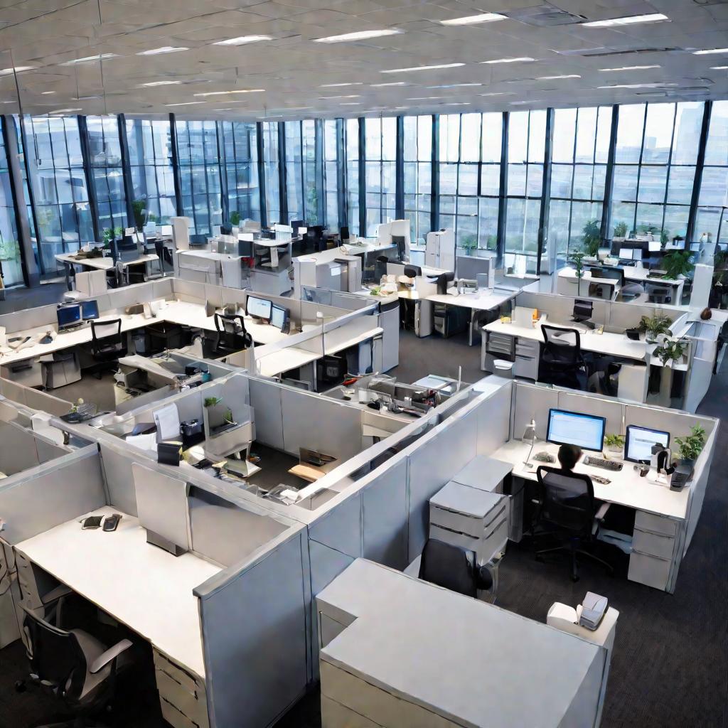 Широкий воздушный вид сверху на современный высокотехнологичный офис компании днем. Офис светлый, просторный, с большими окнами. Сотрудники энергично работают за компьютерами, отражая высокую деловую активность.