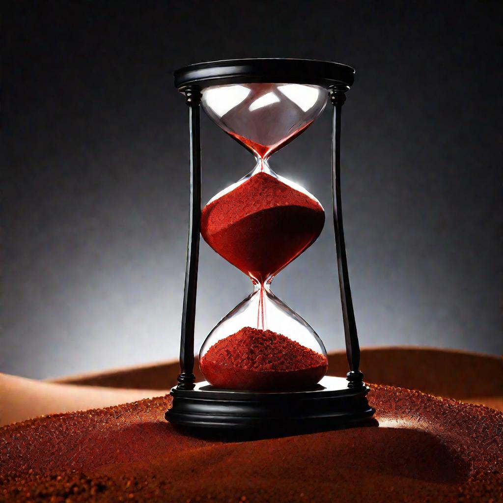 Драматичный средний план на элегантные часы с быстро высыпающимся красным песком, ярко освещенные сверху. Черный фон подчеркивает срочность и необходимость высокой деловой активности пока не вышло время.