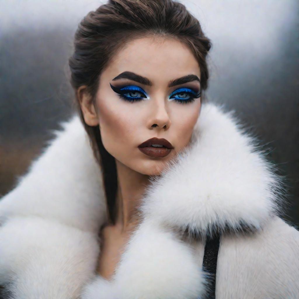 Портрет девушки с ярким макияжем глаз - синими тенями и черной подводкой на улице в туманный день