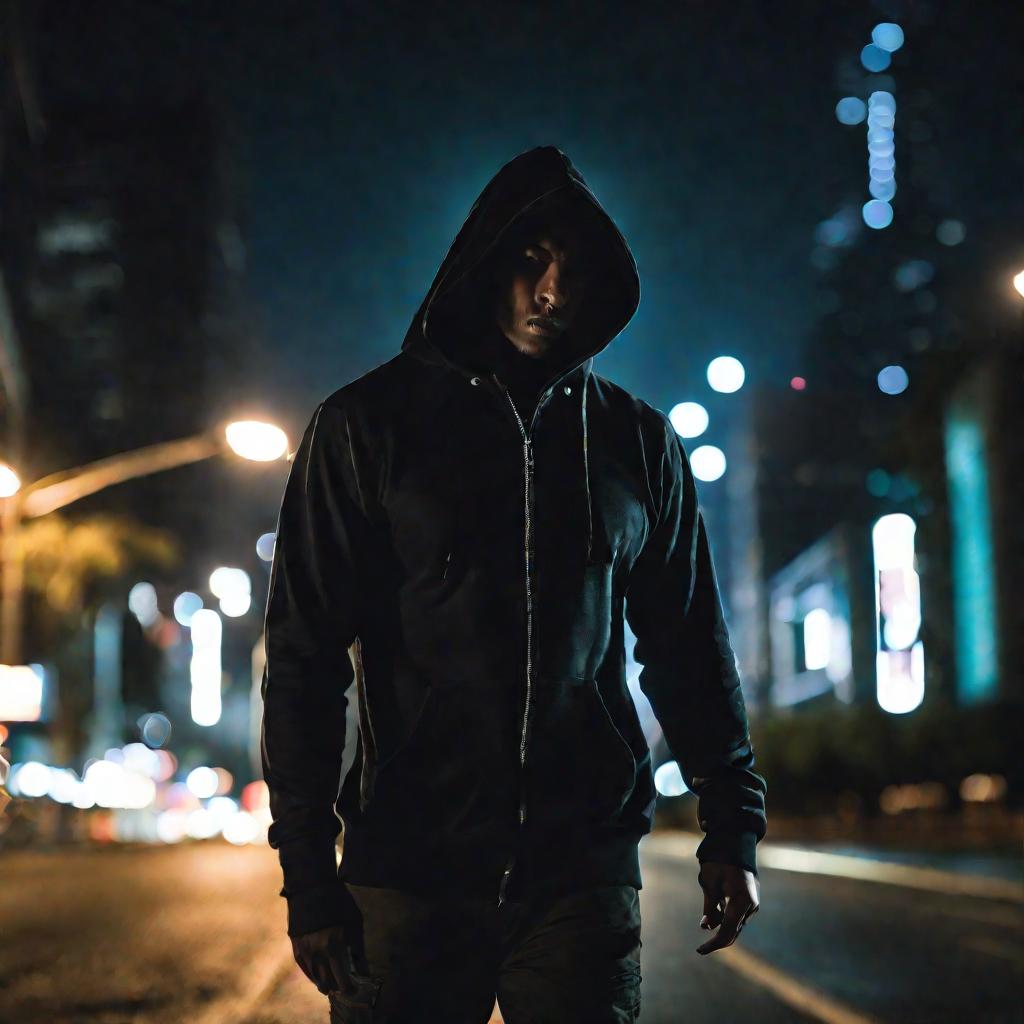 Мужчина с керамбитом на фоне ночного города