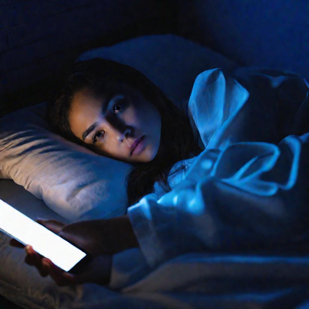 Девушка лежит в кровати ночью, освещена только светом экрана телефона.