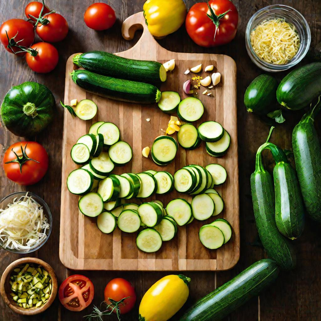 Нарезанные кабачки и овощи на разделочной доске