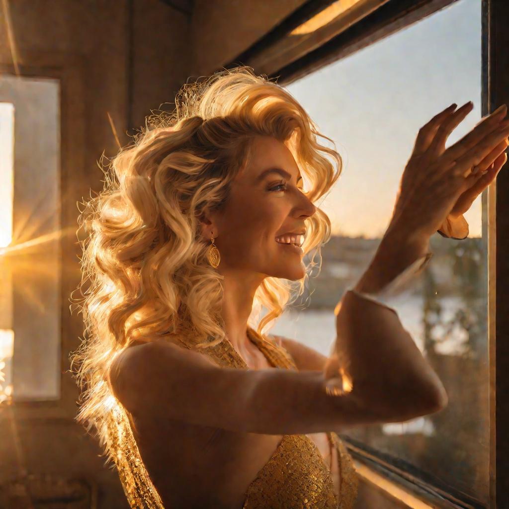Средний план: женщина с волосами, уложенными в пышные локоны, радостно улыбается, поправляя прядь у лица. За окном виден закат, освещающий сцену теплым светом.