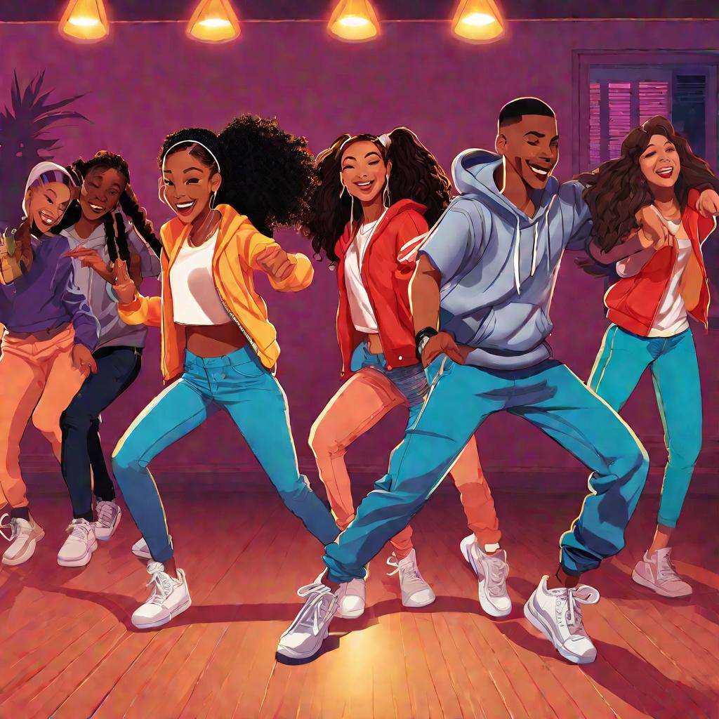 Компания друзей танцует хип-хоп на вечеринке