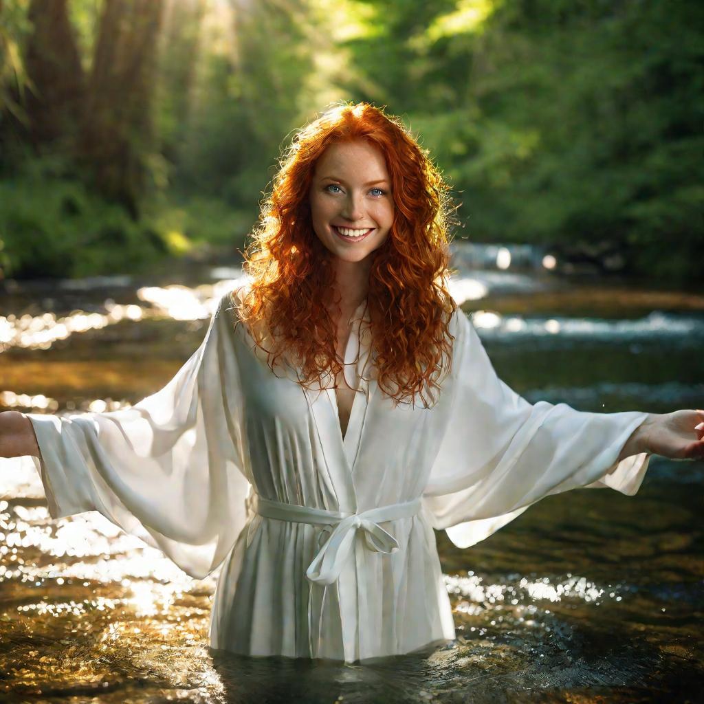 Крупный портрет улыбающейся рыжеволосой девушки с зелеными глазами в белой одежде по пояс в лесной реке. Вокруг нее прозрачная вода и солнечные лучи сквозь деревья. Она держит воду в ладонях и смотрит на нее с радостью.