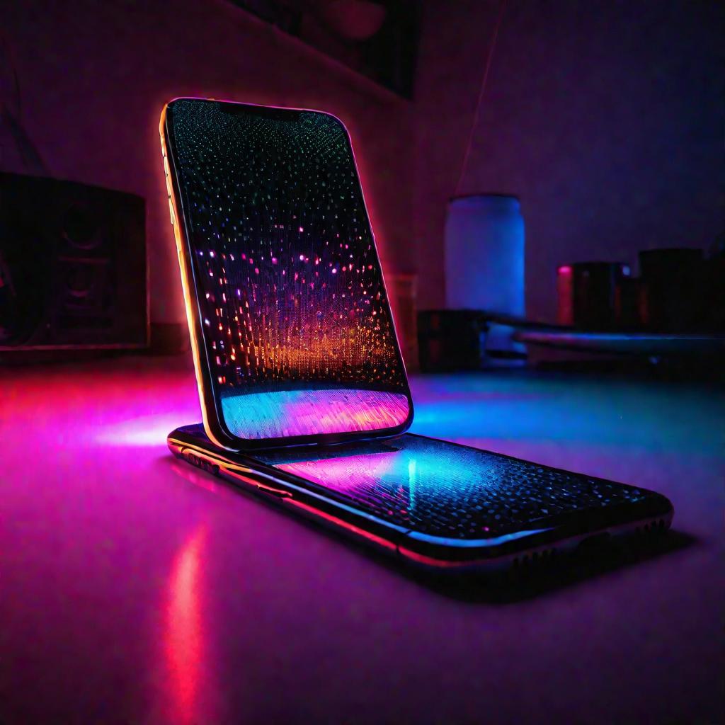 Смартфон с треснувшим экраном в темной комнате, светящиеся пиксели на экране ярко светятся