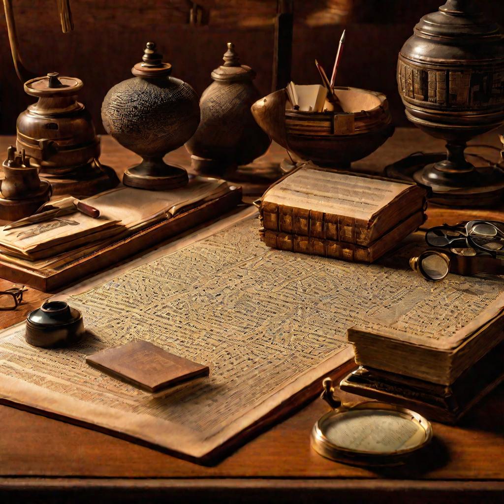 Антикварный письменный стол с принадлежностями для создания кроссвордов.