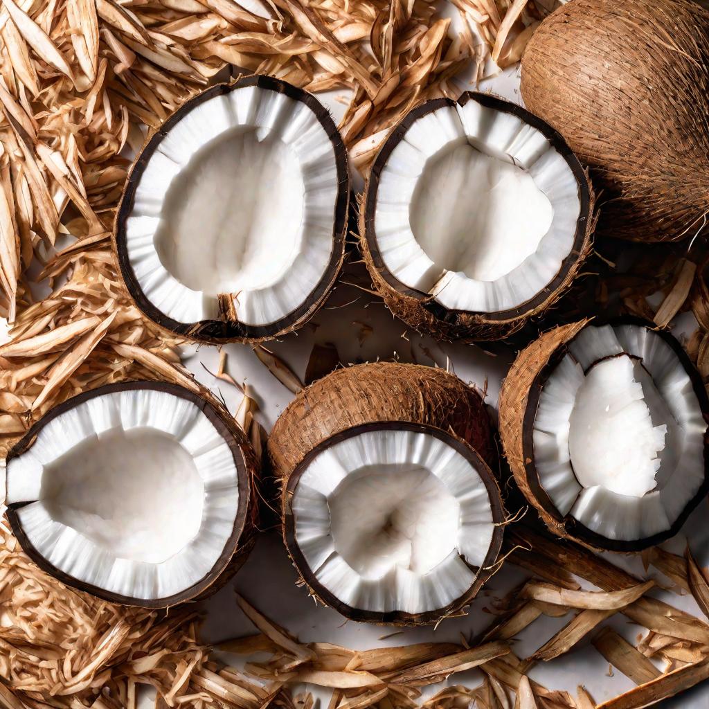 Упаковки с кокосовой стружкой разных видов на белом фоне