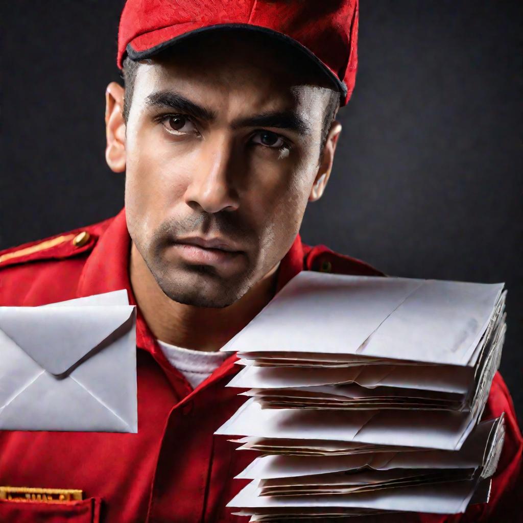 Почтальон в красной форме несет конверты