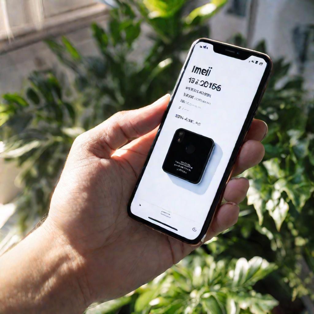 Рука держит смартфон с отображенным на экране кодом IMEI