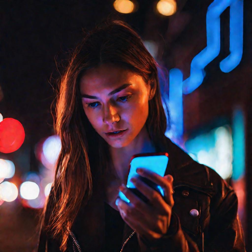 Девушка держит телефон на ночной улице